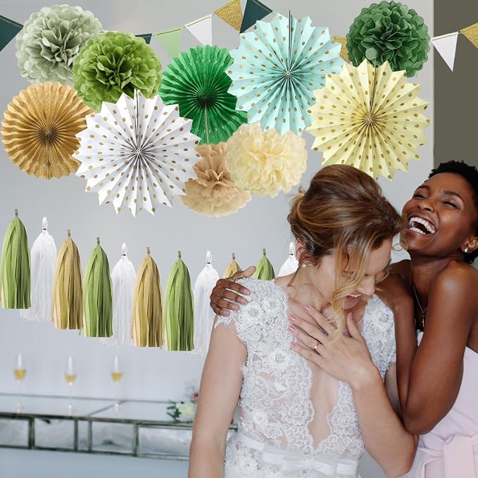 Sage Green Party Decorations Retro Green Paper Fan Birthday Baby Shower Tissue Pom Poms Streamers Bachelorette Party Supplies Tassel Garland Banner Wedding Decor