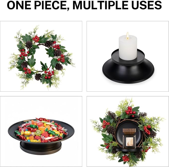 MOYEE Christmas Winter Centerpieces for Tables Candle Ring, Black Metal Candlestick with an Artificial Wreaths 14 in Versatile Dining Table Centerpiece Decor (Pinecone and Green Leaf Wreath)