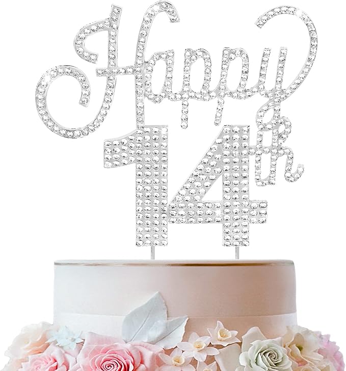 LINGTEER Happy 14th Birthday Silver Rhinestone Cake Topper - Cheers to 14th Birthday Fourteen Years Old Party Cake Centerpieces Topper Decorations Gift Sign.