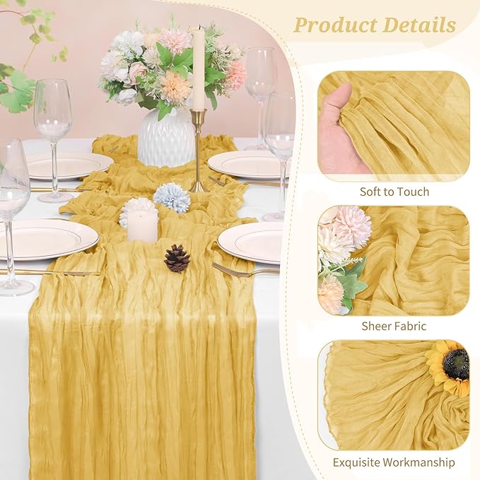 10 Pack Cheesecloth Table Runner Gold, Rustic Boho Gauze Fabric Table Runner Romantic Table Runner for Wedding, Festival, Birthday, Anniversary, Dinner and Outdoor Events (17.7 x 108 inch)