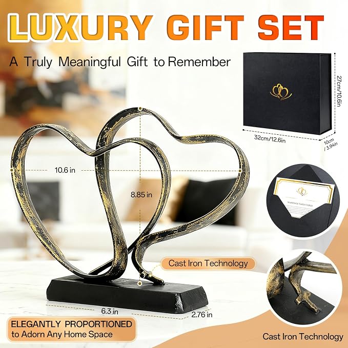 Anniversary Wedding Gifts for Couple - Two Hearts and Cross Iron Sculpture, 1st to 50th for Her and Him,Decorative Hearts Statue Includes Present Box and Poem Card