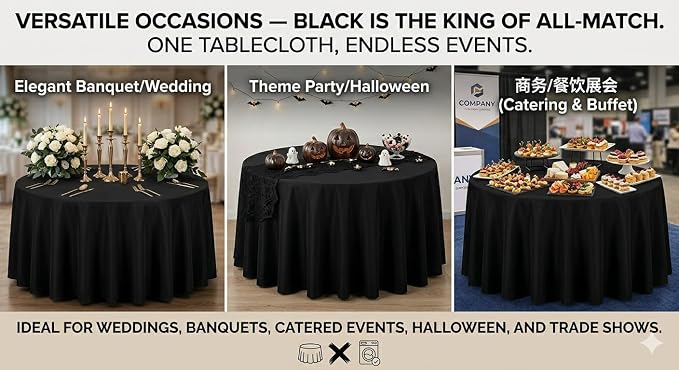 120 Inch Black Polyester Tablecloth, Soft & Easy to Iron, Stain Resistant Wrinkle Free Circle Table Cover, Washable Reusable for Wedding, Party, Birthday, Banquet & Reception