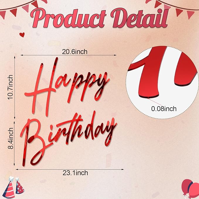 Yousoontic Happy Birthday Sign for Backdrop Large Happy Birthday Sticker Letter Acrylic Mirror Decal for Balloon Arch Wall Kpop Party, Peel Off Acrylic Film(23 x 20 Inches,Classic,Red)