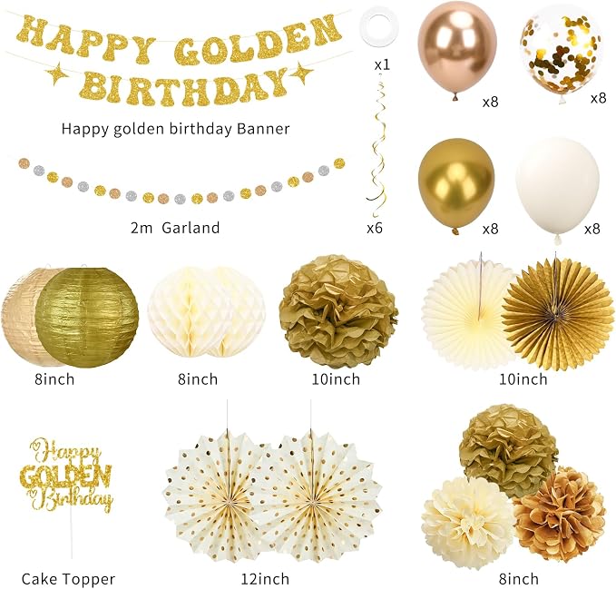 Golden Birthday Party Decorations,Gold Birthday Decorations with Happy Golden Birthday Banner,Paper Lanterns,Tissue Pom Poms,Fan,Gold Cream Balloons for Women Men,Photo Backdrop Decor,Gold Party