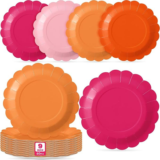 60 Pcs Pink and Orange Paper Plates 9 Inch Scalloped Disposable Round Dessert Paper Plates Party Decoration for Margs and Matrimony Bachelorette Party Women Birthday Baby Shower Wedding