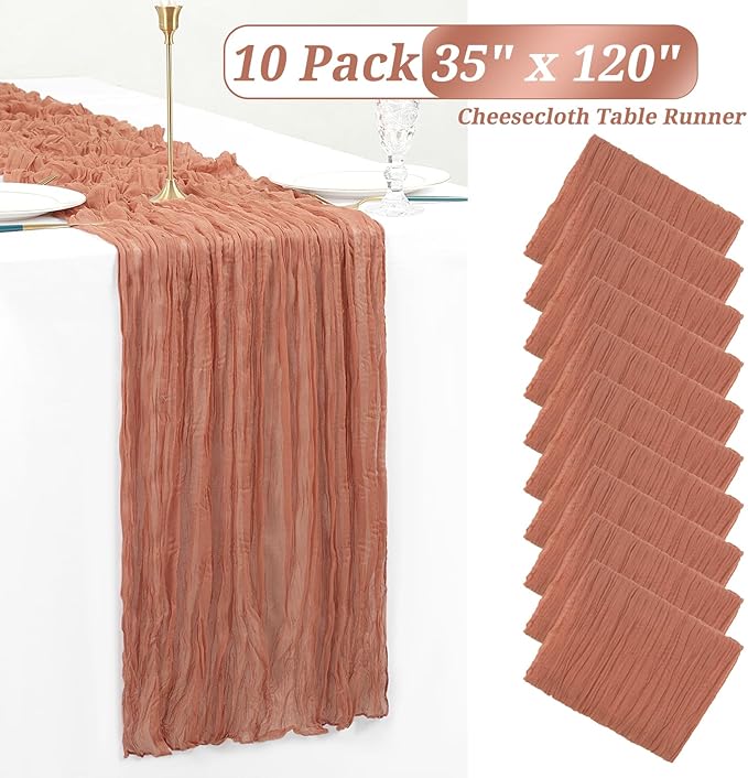 10 Pack Cheesecloth Table Runner - Dusty Blush Gauze - 10FT Long Semi-Sheer - Boho or Rustic Wedding Table Decor for Arch Draping & Holidays