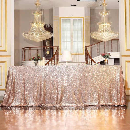 PartyDelight 60x120 Rose Gold Sequin Tablecloth Rectangle High-Density 3mm Stitched Sequins Shimmering Table Cover for 8ft Banquet Tables Elegant Decor for Weddings, Anniversaries & Holiday Dinners