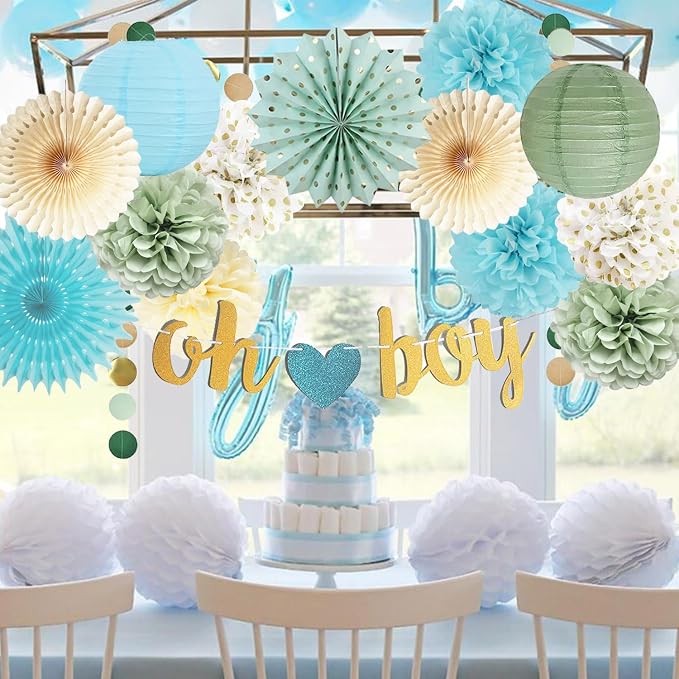 Sage Green Blue Baby Shower Decorations for Boy Oh Boy Banner Tissue Paper Pom Poms Flowers Paper Fans Circle Dot Garland Neutral Party Supplies Baby Boy Gender Reveal Birthday Party Decorations