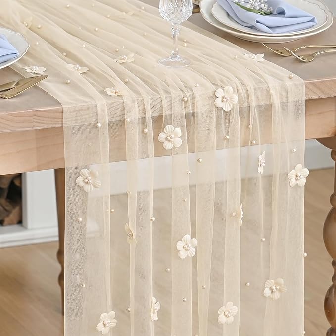 Artoid Mode Flower Pearl Peach Gauze Table Runner 10FT, Seasonal Sheer Dining Holiday Wedding Birthday Baby Shower Table Decor for Home Party