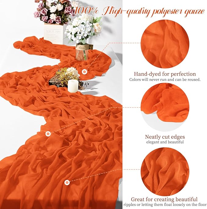 24 Packs Orange Cheesecloth Table Runner,10ft Rustic Gauze Boho Wedding Table Runner Decoration, Wedding Table Decor Sheer Table Runner for Wedding Party Bridal Shower Table