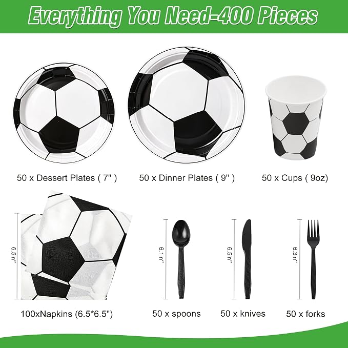 400 Pcs Disposable Soccer Party Tableware Set for 50 Guests | Heavy-Duty 7" & 9" Paper Plates, Cups, 13" Napkins & Plastic Cutlery for Game Day and Birthday Party Supplies