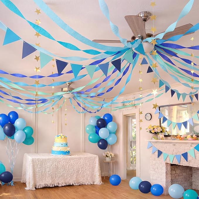 Frienda 14 Pcs Blue Party Decorations Set 492ft Colorful Crepe Paper Streamers, 52.8ft Gold Star Garlands Backdrop and 4 Pennant Banner Flags for Wedding Birthday Fancy Party Hanging Decorations