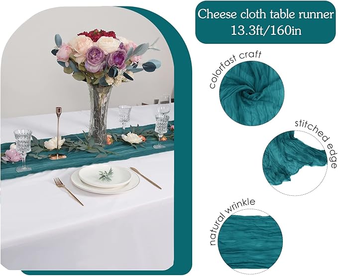 3 Pack 160 inch Teal Blue Cheesecloth Table Runner-13.3ft Long Teal Gauze Runner Sheer Cheese Cloth -Turquoise Runner for Wedding Reception, Bridal Baby Shower Birthday Decorations Graduation Party