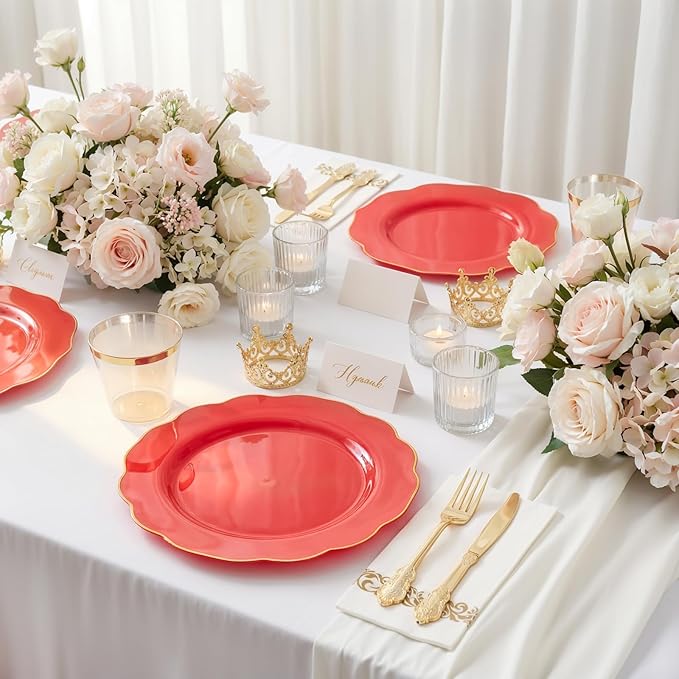 NOCCUR 175PCS Red Plastic Plates with Gold Disposable Silverware - Include 50 Red Gold Plastic Plates,25 Knives,25 Forks,25 Spoons,25 Cups and 25 Napkins - Ideal for Party/Mother's Day