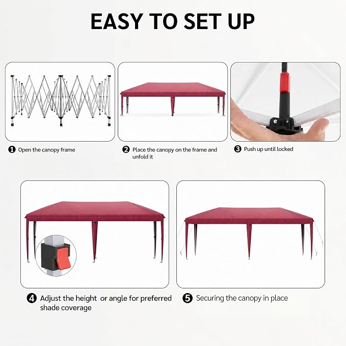 10x20 FT Portable Pop Up Canopy Tent with Sandbags, Adjustable Height Instant Gazebo Without Sidewalls,Waterproof Outdoor Canopy for Camping, Parties, Vendor Events (RED, 3m × 6m Without sidewalls)
