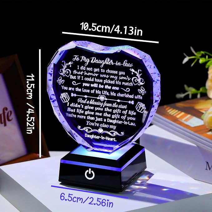 Arikyrist Daughter in Law Birthday Gifts Heart Crystal Keepsake for Daughter-in-Law with LED Light Base Daughter in Law Gifts from Mother in Law on Christmas Wedding Anniversary