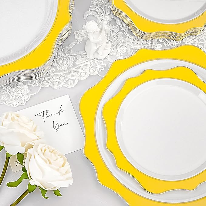 realluck 100 PCS White and Yellow Disposable Plates for 50 Guests, Scalloped Plastic Plates Include 50 Dinner Plates and 50 Dessert Plates for Party, Wedding