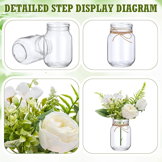 XunYee 10 Set Mason Jar Table Centerpiece with Flower Mason Jar Flower Centerpiece Vases Decor for Engagement Party Bridal Shower Wedding Reception Table Decor(White,Rose)