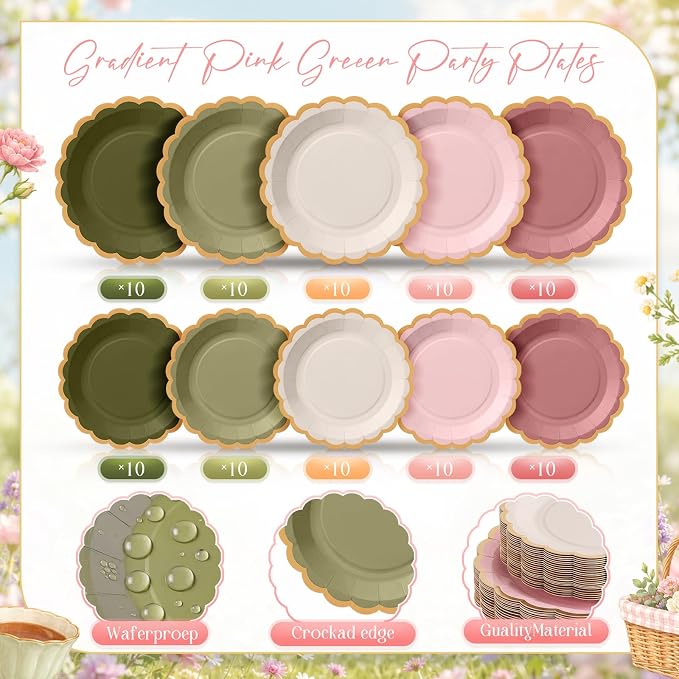 Zhehao 150 Pcs Matcha Plates and Napkins Tableware Serves 50 Includes 9 Inch 7 Inch Dusty Pink and Green Scalloped Wave Edges Paper Plate and Napkins for Wedding Birthday Baby Shower Party