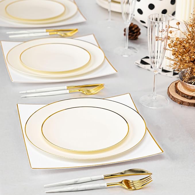 Lullaby 100PCS Ivory and Gold Plastic Plates, Disposable Ivory Plastic Plate with Gold Rim, 50PCS Dessert Plates 7" and 50PCS Dinner Plates 10", Perfect for Party Wedding and Daily Use