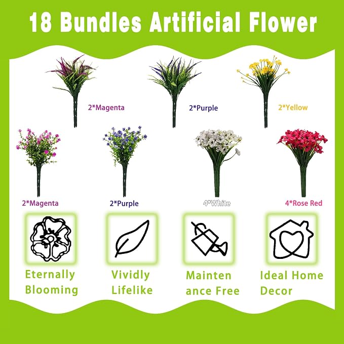 Artificial Flowers for Outdoor,18 Bundles UV Resistant Fake Plants for Outside Window Box Porch & Hanging Planters-Realistic Plastic Faux Flowers for Garden Patio Wedding Decor (Magenta,Purple,Red)