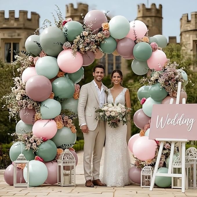 Pink Green Balloon Arch with Artificial Flowers Double Stuffed Dusty Light Pink Sage Green Balloon Garland Kit Eucalyptus Leaves for Baby Bloom Birthday Bridal Shower Mother's Day Party Decorations