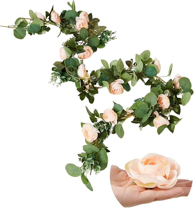 PONKING Flower Garland Artificial Rose Vine Flowers Hanging Fake Roses Vines for Wedding Birthday Party Valentines Christmas Room Wall Arch Decor, 2 Off White Floral Garland Decorations