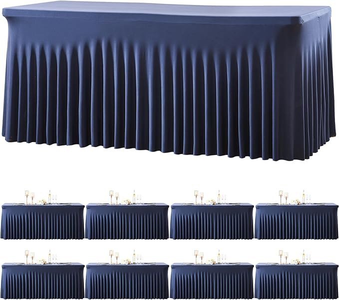 gogoparti 8 Pack Spandex Navy Blue Fitted Table Cloth for 6ft Rectangle Tables Navy Blue Stretch Tablecloth Banquet Table Covers Skirt Wrinkle Free Tablecloths for Parties Wedding