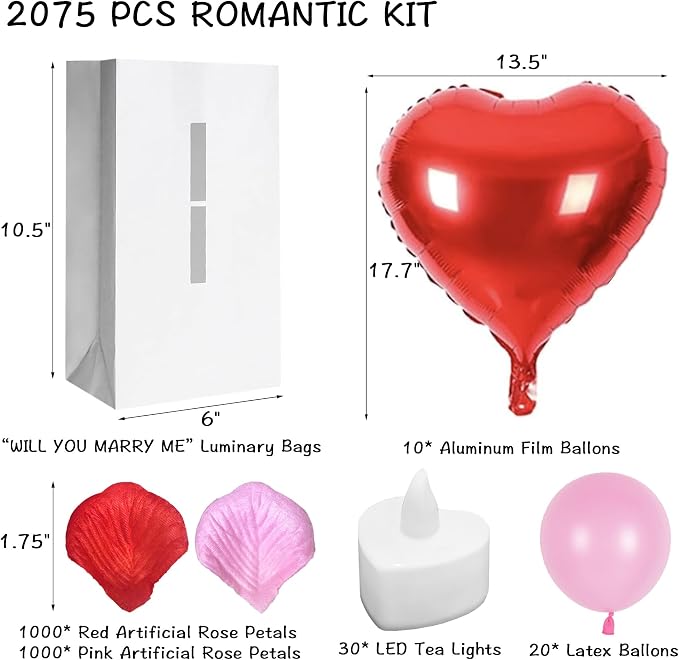 Will You Marry Me Light Up Letters Proposal Decorations with Luminary Paper Bags,Led Tea Candles,Rose Petals and Heart Balloons for Romantic Night,Valentines Day,Engagement Party,Proposals