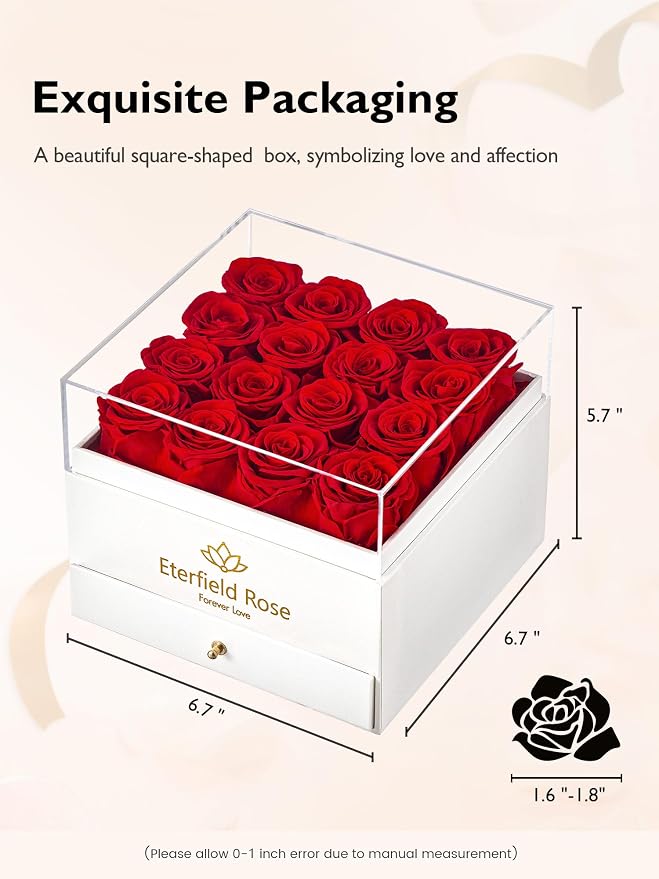 Eterfield Forever Flowers Preserved Roses Real Roses That Last Over a Year Rose Box Gifts for Her Mothers Day Valentines Day Christmas (Square White Box with Drawer, 16 Red Roses)