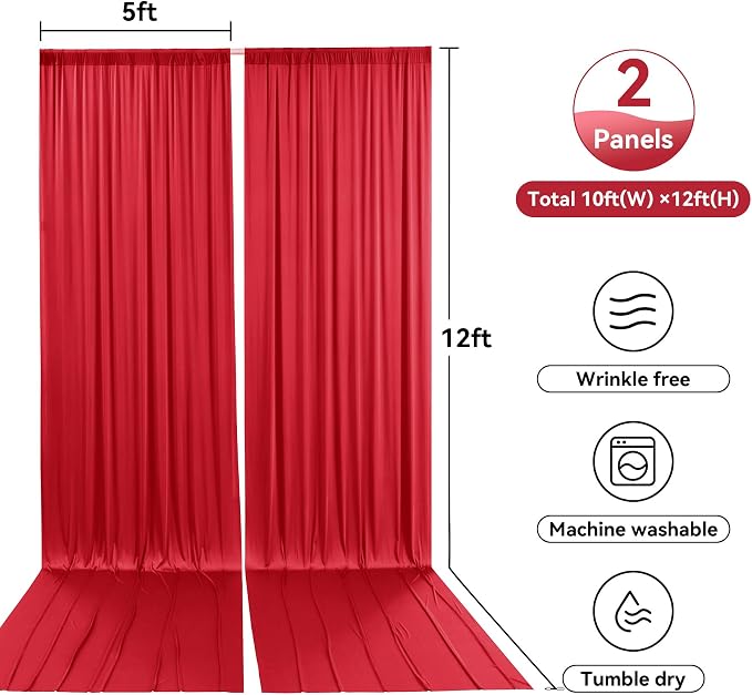 10x12 ft Red Backdrop Curtains for Wedding Parties, Wrinkle Free Polyester 12 ft Long Photo Backdrop Drapes Back Drop Cloth for Birthday Baby Shower Ceremony Photography Background