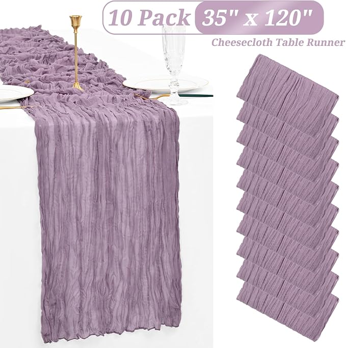 Showgeous 10 Pack Purple Cheesecloth Table Runner Gauze Table Runner 10FT Long Semi-Sheer Table Runner Boho or Rustic Wedding Table Decor for Wedding Decor Arch Draping Bridal Shower Holiday Party