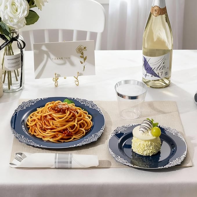 Bestluck 350PCS Navy Blue Plates for 50 Guests, Disposable Dinnerware Sets Include 100 Plastic Plates, 50 Silverwares, 50 Cups, and 50 Pre Rolled Napkins for Party, Wedding and Graduation