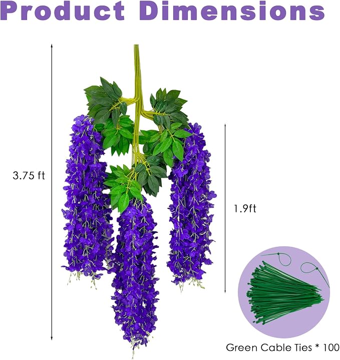 BIRDDIE 24 Pcs of Artificial Wisteria Hanging Flowers, 3.75 Feet Fake Wisteria Flower Strings for Backdrop, Wedding, Ceremony,Garden and Home Wall Decoration (Dark Purple)