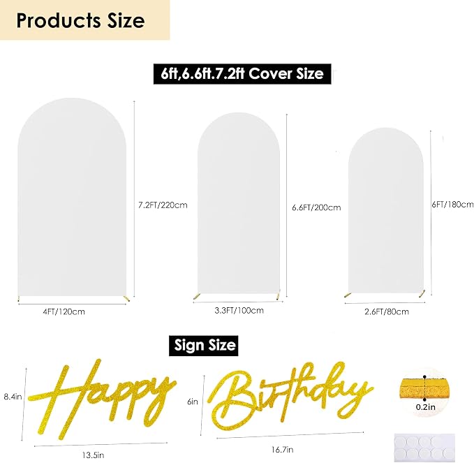 HAINARverS 6FT//6.6FT/7.2FT White Arch Backdrop Cover Spandex with Glitter Gold Happy Birthday Sign for Wedding Birthday Party Ceremony Banquet Decoration(White)