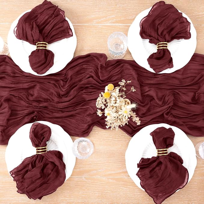 MLMC 8 Pack Burgundy Cheesecloth Table Runner Boho Rustic Gauze Wine Red Cheese Cloth Table Runner Cheese Cloth Centerpiece Decor 35x120 Inches for Wedding Reception Anniversary Home Decor