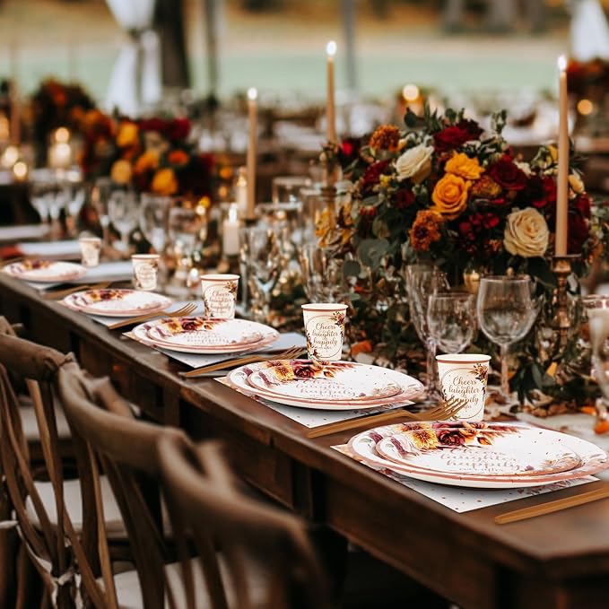 350 Pcs Boho Fall Wedding Bridal Shower Paper Plate Autumn Vintage Rose Pampas Grass Disposable Tableware Set With Knives Fork Cheers to Love Bachelorette Party Favor for 50 Guest