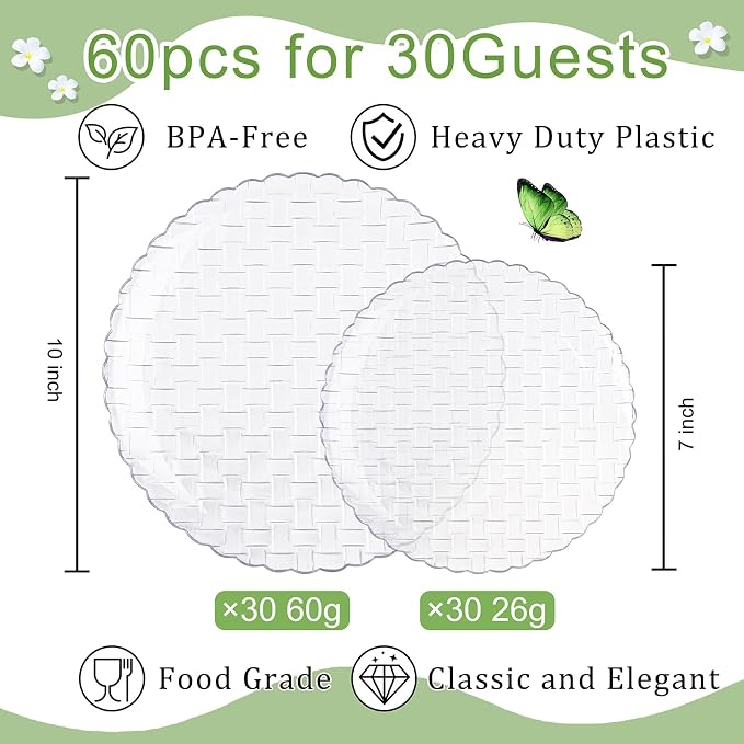 Festiva 60PCS Clear Plastic Plates - Heavy Duty Weave Pattern Fancy Disposable Plates -serve for 30 guests Include 30PCS 10" & 30PCS 7" Plates for Party&Wedding (Clear)