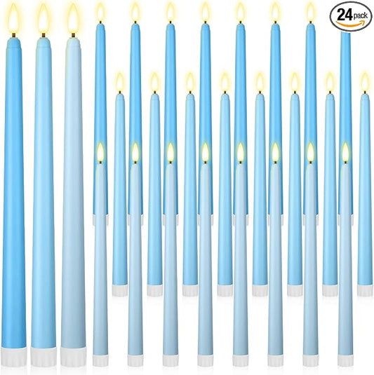Macarrie 24 Packs Flameless Taper Candles Battery Operated Fake 11 Inch Long Candlelight LED Flameless Candlesticks Flickering Tapered for Summer Fall Wedding(Mixed Blue)