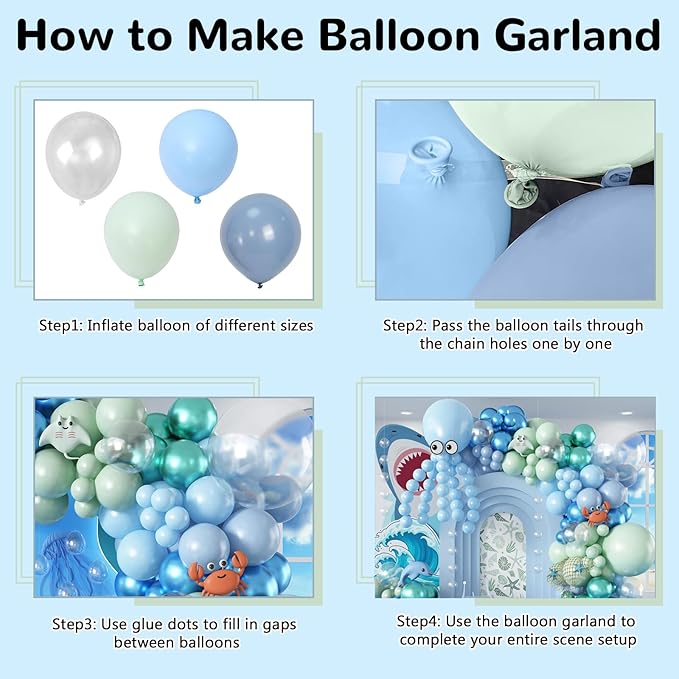 Under the Sea Balloons Garland Arch Kit, 123pcs Dusty Blue Teal Pastel Green Metallic Blue Green Ocean Balloon with Transparent Balloons for Shark Baby Shower Sea Animal Birthday Party Decorations