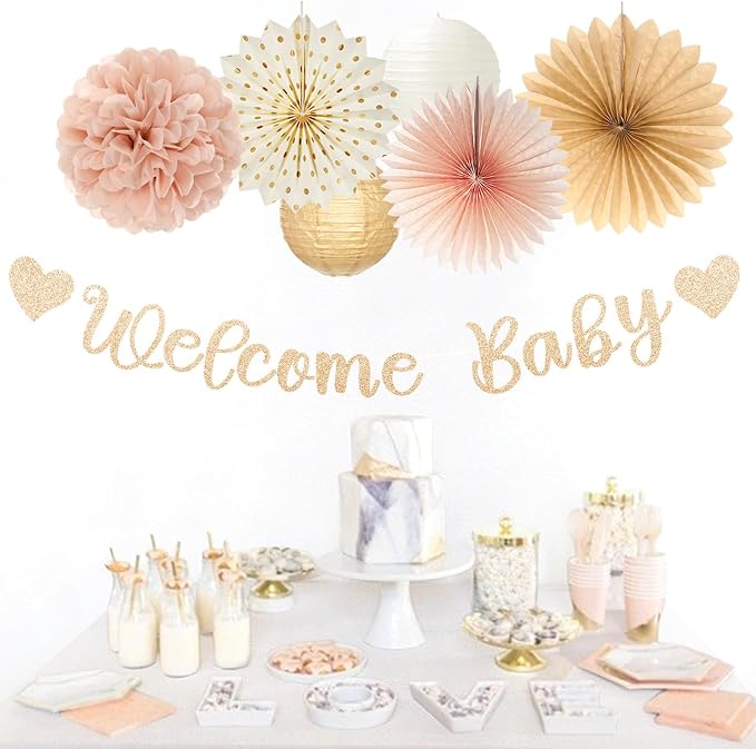 Champagne-Gold Fall Boho Baby Shower Party-Decorations - 21pcs Girls Welcome Baby Banner,Beige One Sweet Peach Paper Lanterns Pom Poms, Neutral Streamers Garland Decor Favors Huglony