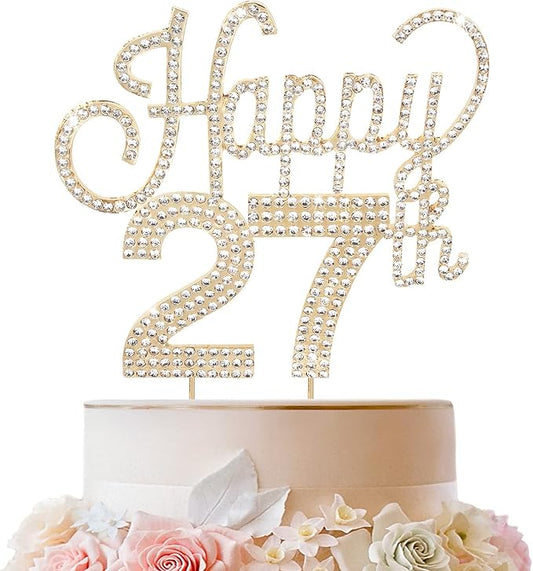 LINGTEER Happy 27th Birthday Gold Rhinestone Cake Topper - Cheers to 27th Birthday 27 Years Old Anniversary Party Cake Centerpieces Topper Decorations Gift Sign.
