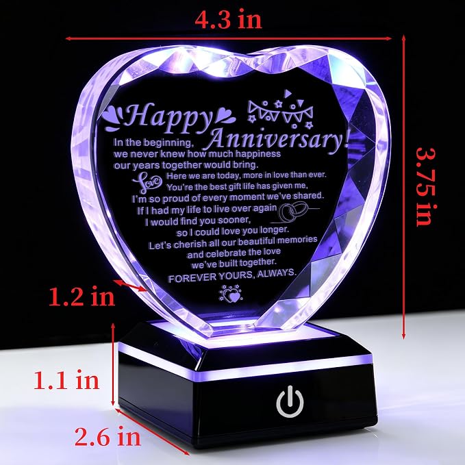 Wedding Anniversary Crystal Heart Gifts, Happy Anniversary Marriage Gifts for Wife Husband Him Her Men Women with LED Base Romantic Presents for Girlfriend Boyfriend