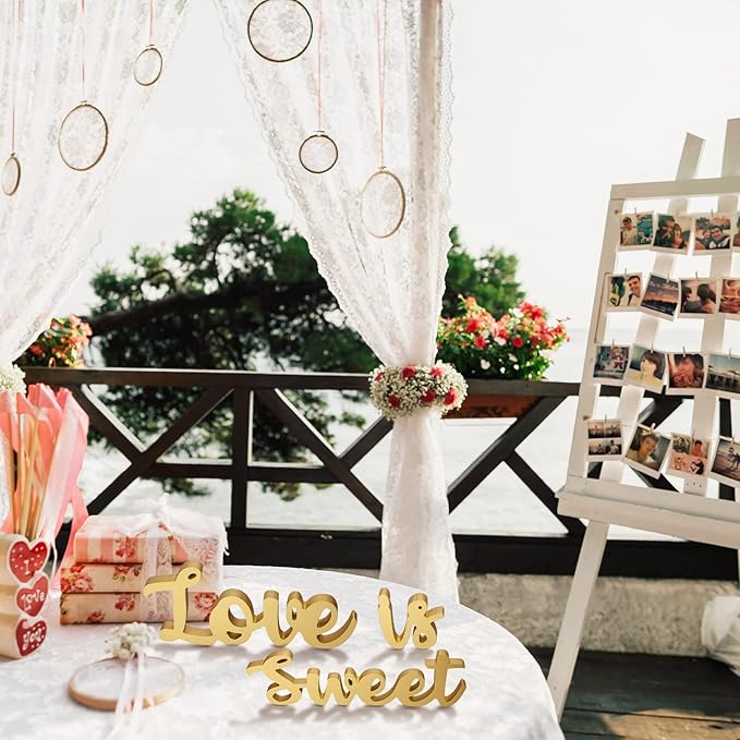 Love Is Sweet Table Decor Hollow Sign Wooden Love Is Sweet Sign for Dessert Table Freestanding Wood Is Wooden Letter Top for Wedding Shelf(Gold)