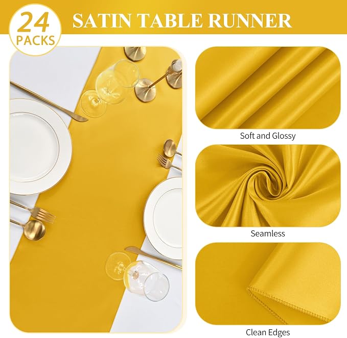 24 Pack Gold Satin Table Runners,12 x 108 Inch Long Table Runners for Rectangle Round Tables, Smooth Satin Table Runner for Wedding, Birthday Party Banquets Decoration