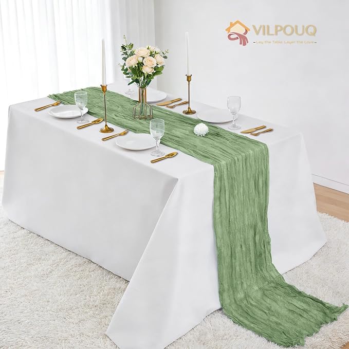 6 Pack Sage Green Cheesecloth Table Runner 21x120 Inches, Boho Gauze Rustic Semi Sheer Cheese Cloth Table Runners for Easter Wedding Bridal Baby Shower, Birthday Party, Long Farmhouse Table Decor