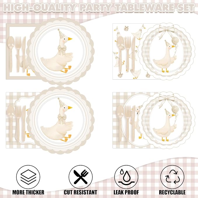 Zhehao 350 Pcs One Silly Goose Birthday Party Tableware Set Beige Bow Scalloped Baby Shower Plates Cup Napkins Forks for Birthday Party Decorations Supplies for 50 Guests