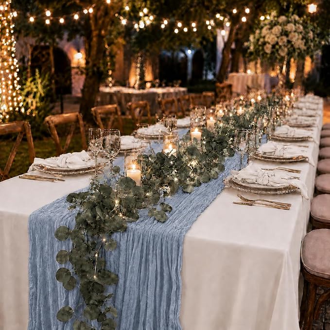 Cinrobiye 11pcs Cheesecloth Table Runner Set 120 Inch – Gauze Table Runner with Napkins, Eucalyptus Garland & String Lights for Wedding Baby Shower Table Decor, Rustic Boho