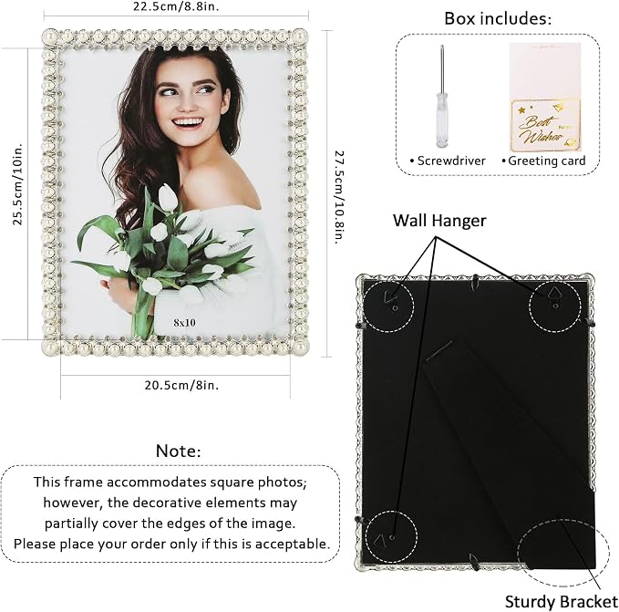 8x10 Picture Frame White Pearl Vintage Wedding Photo Frame with Glass Front | Elegant Art Decor Tabletop or Wall Display for Engagements, Anniversary, Graduation, Birthday Gifts for Women