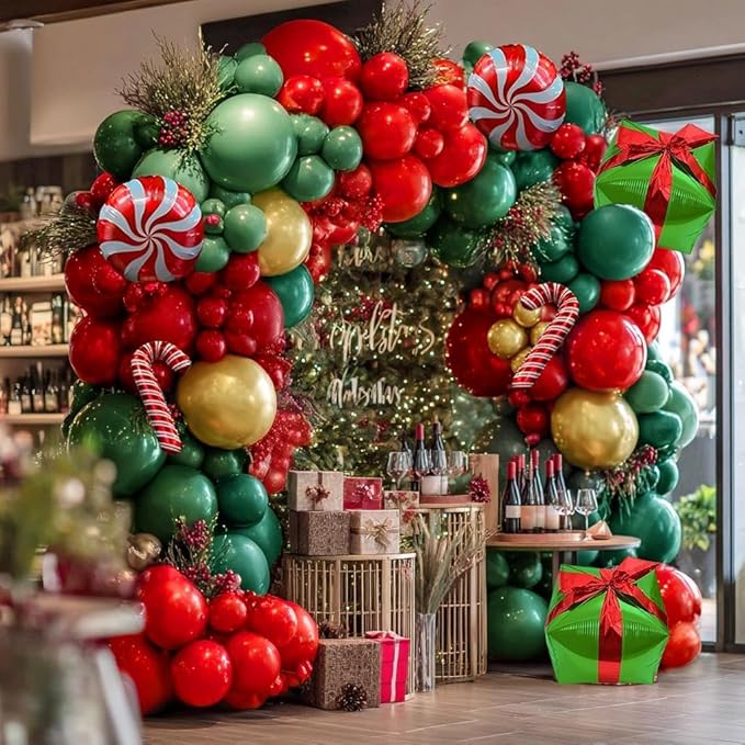Green and Red Christmas Balloons Double Stuffed Pearl Dark Red Green Gold Balloon Garland Arch Kit Candy Cane Box Balloons for Happy Christmas Holiday New Year Birthday Party Decorations